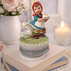 Vintage Musical Figurine Girl With Goose Wind-Up Music Box